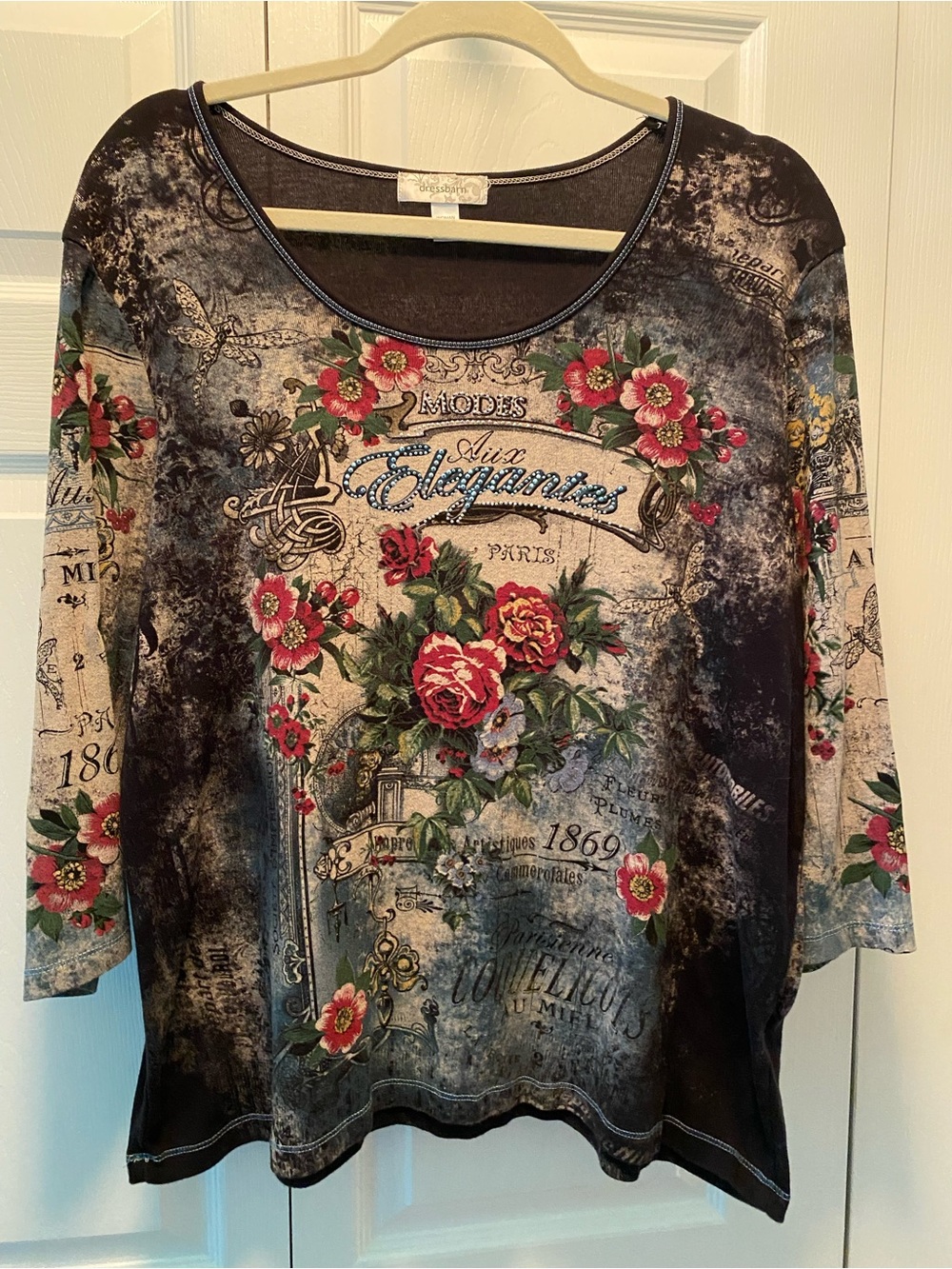 Dress Barn Vintage Paris Themed Floral Graphic Design Top 2X